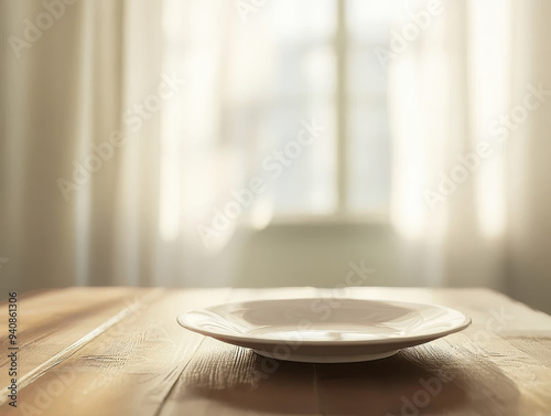 A Single White Plate Placed on a Dining Table, with Only the Bare Minimum of Tableware Arranged