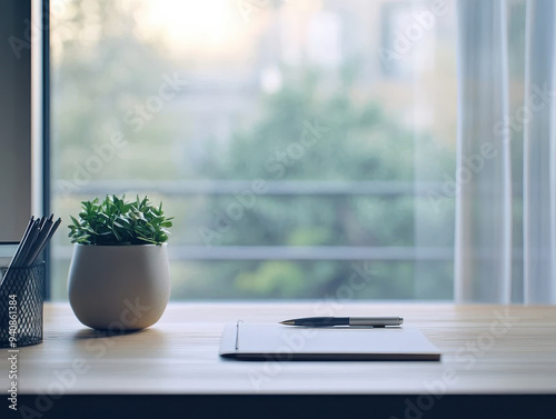 A Neatly Arranged Desk with Only a Notebook and Pen, Showcasing a Minimalist Scene with the Bare Essentials