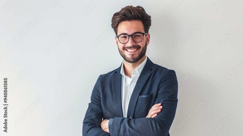 Portrait of young business man  smiling and standing posing arms crossed, isolated on white background