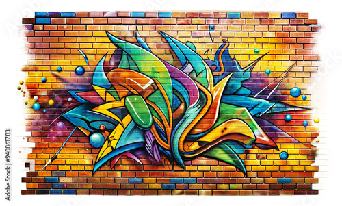 Vibrant graffiti art on a brick wall in urban area isolated on transparent background