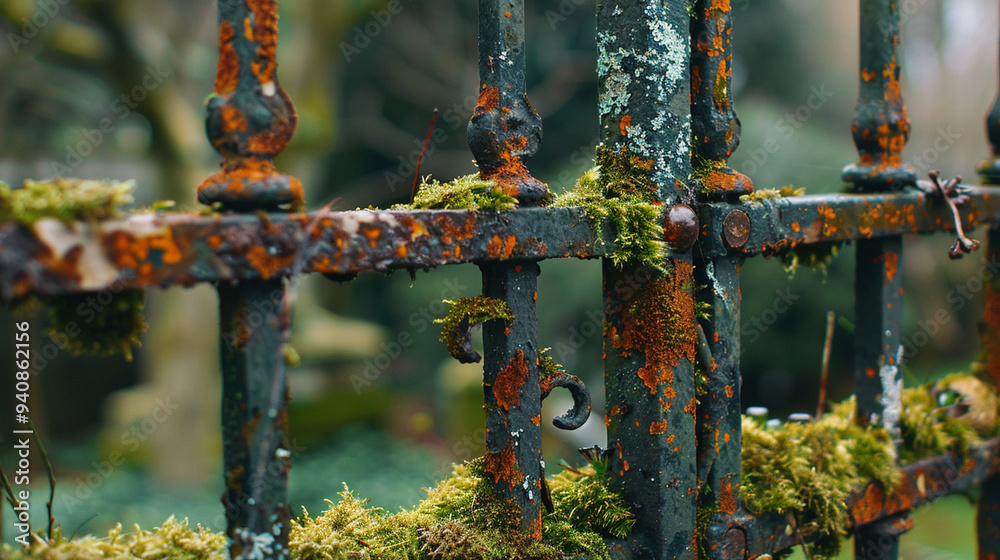 A close-up of an ancient iron gate, rusted and overgrown with moss