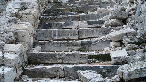 A close-up of weathered stone steps leading up to a collapsed tower