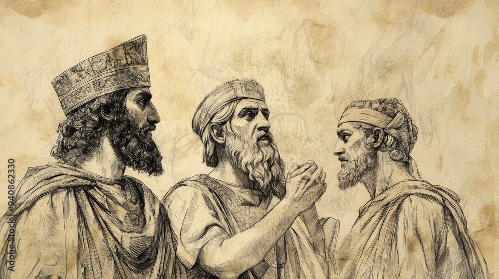 Fototapeta premium Assyrian Threat and Deliverance: Bible Wall Art Depicting Hezekiah’s Concern and Consultation with Advisors, Biblical Illustration on Beige Background