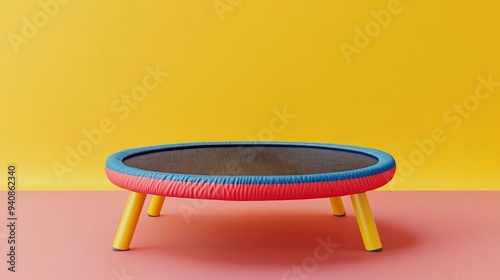 A vibrant trampoline set against a light solid color background, showcasing its texture and construction details