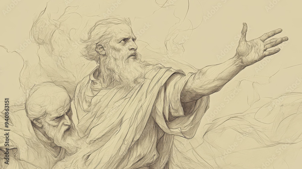 Fototapeta premium The Reigns of Ahab and Ahaziah in 1 Kings: Elijah’s Condemnation of False Gods, A Scene of Prophetic Authority, Beige Background Bible Wall Art