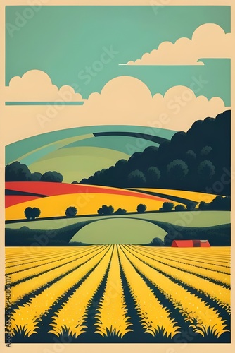 vintage poster featuring a colorful view of a farmers field, farmer, farming, food, growing, crops, halftone screen print, illustration, flat, 2D, vector art,  retro, agriculture, rural, harvest