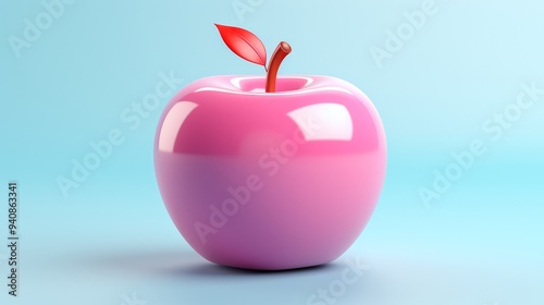 A vibrant pink apple with a glossy finish and a green leaf against a soft blue background, perfect for modern design concepts.