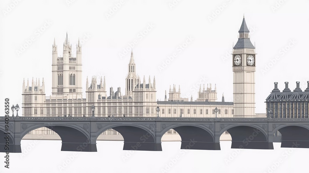 Fototapeta premium Westminster Palace and bridge against white background which is very beautiful