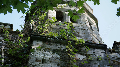 A close-up of a partially collapsed turret with vines hanging down from the remaining stones photo