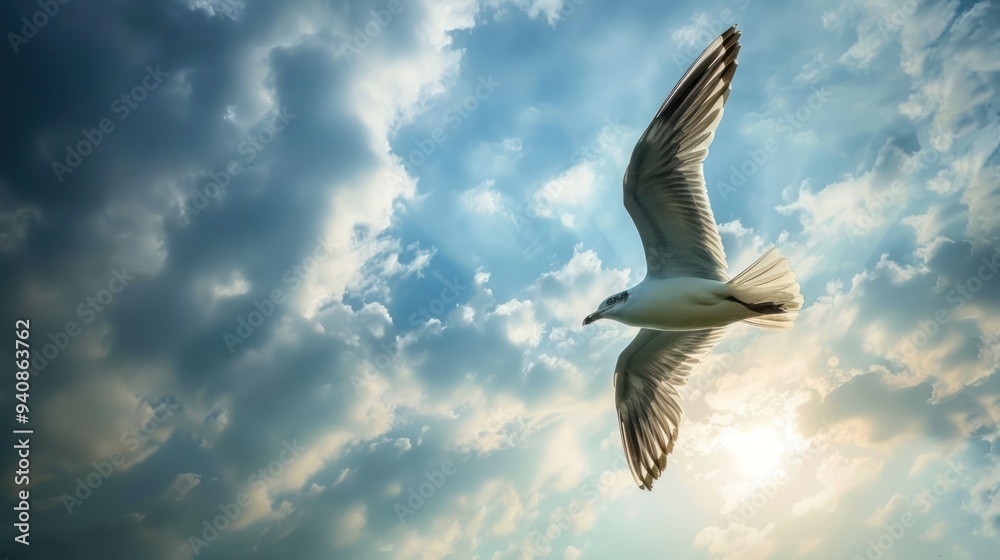 Fototapeta premium Seagull Soaring Through the Clouds
