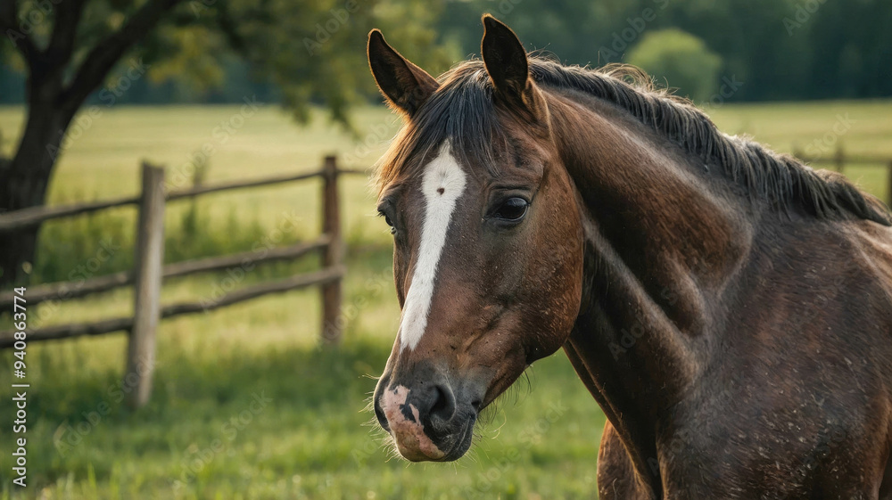 Naklejka premium A bay horse galloping freely on lush green grass, surrounded by nature