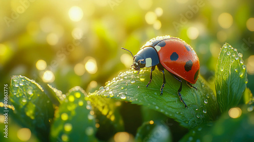 Close-up of a ladybug on a grass blade, with warm sunlight in the background