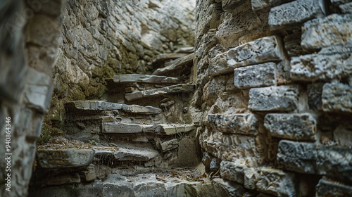 A close-up of a shattered stone staircase winding up the interior of a ruined tower photo