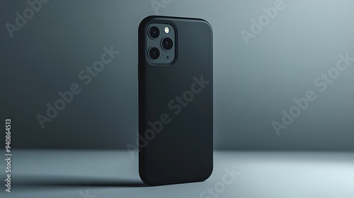 Modern black smartphone with triple camera lenses on a sleek grey background