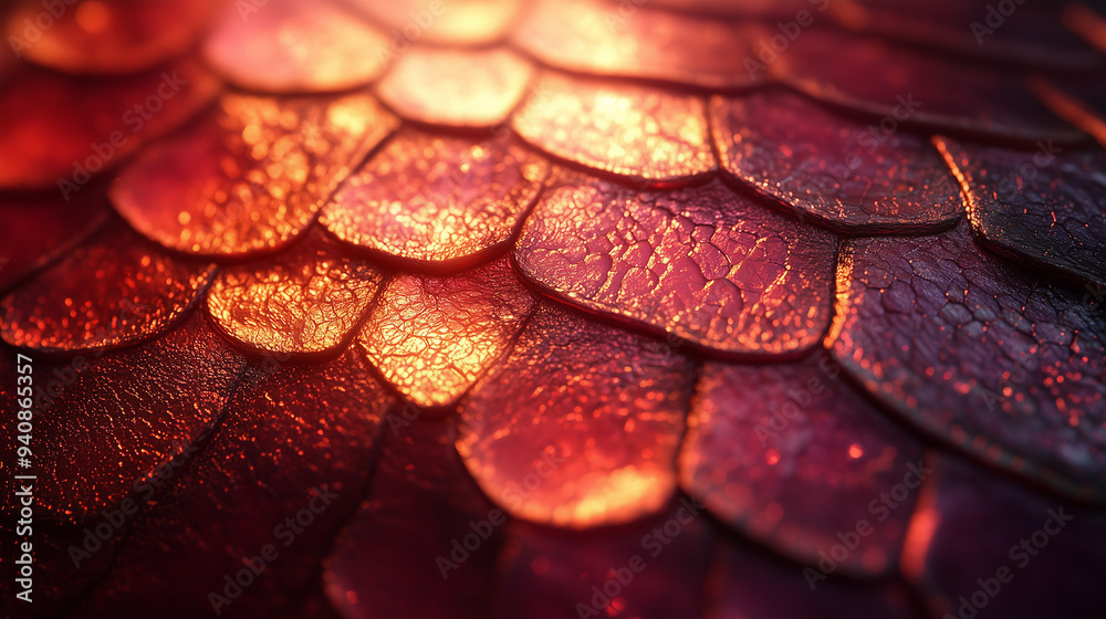 Obraz premium Metallic Scale Texture with Red and Gold Iridescent Sheen, Close-Up Abstract Background