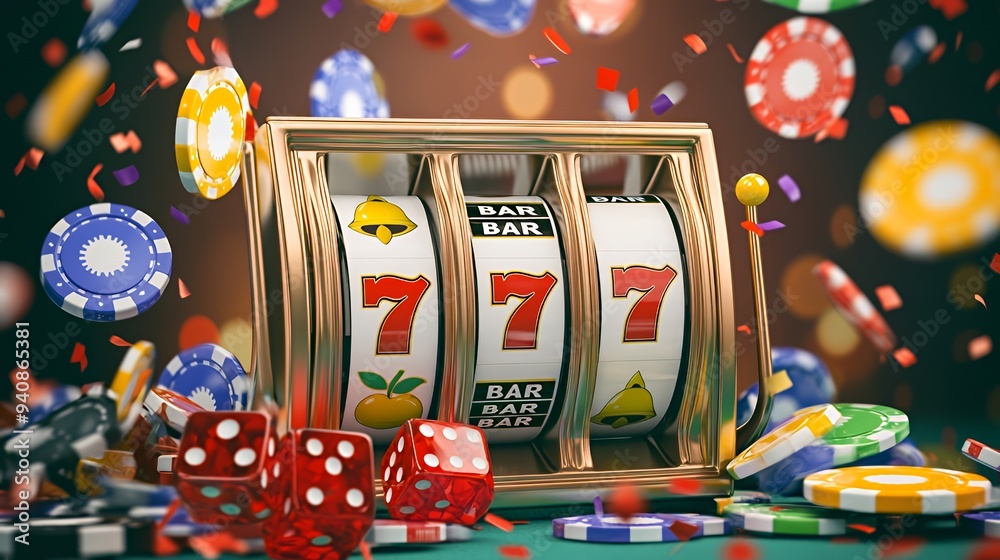 A vibrant casino scene featuring a slot machine, dice, and colorful chips.