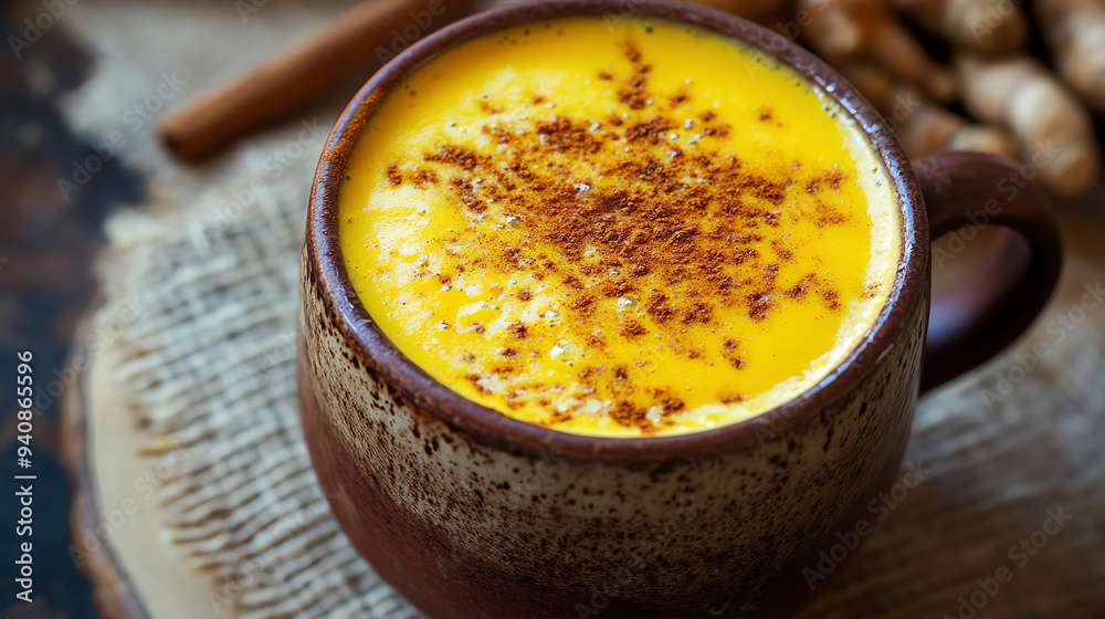 Golden turmeric latte with cinnamon in a rustic mug. Golden turmeric latte with cinnamon in a rustic mug.