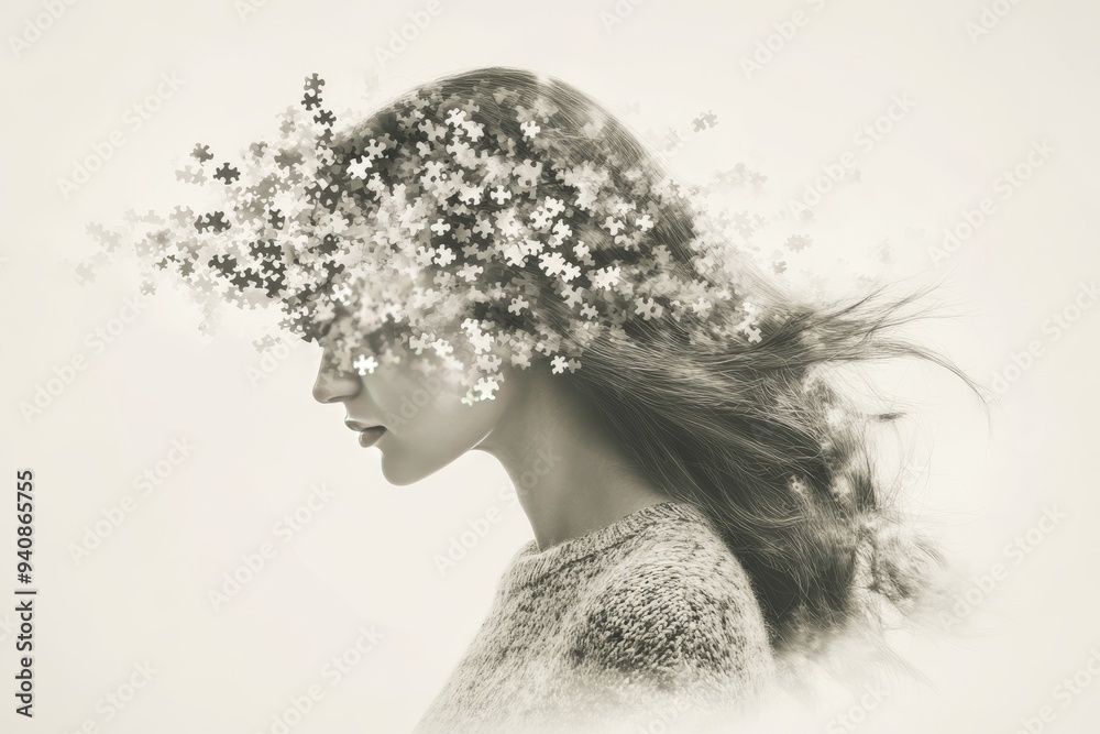 Abstract Portrait of a Woman with a Pixelated Face Dissolving into the Wind: Representing Cognitive Thought Memory and the Ephemeral Nature of Identity Abstract Portrait of a Woman with a Pixelated Face Dissolving into the Wind: Representing Cognitive Thought Memory and the Ephemeral Nature of Identity