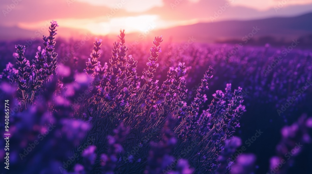 Fototapeta premium A field filled with purple flowers as the sun sets in the distance, with mountains in the background