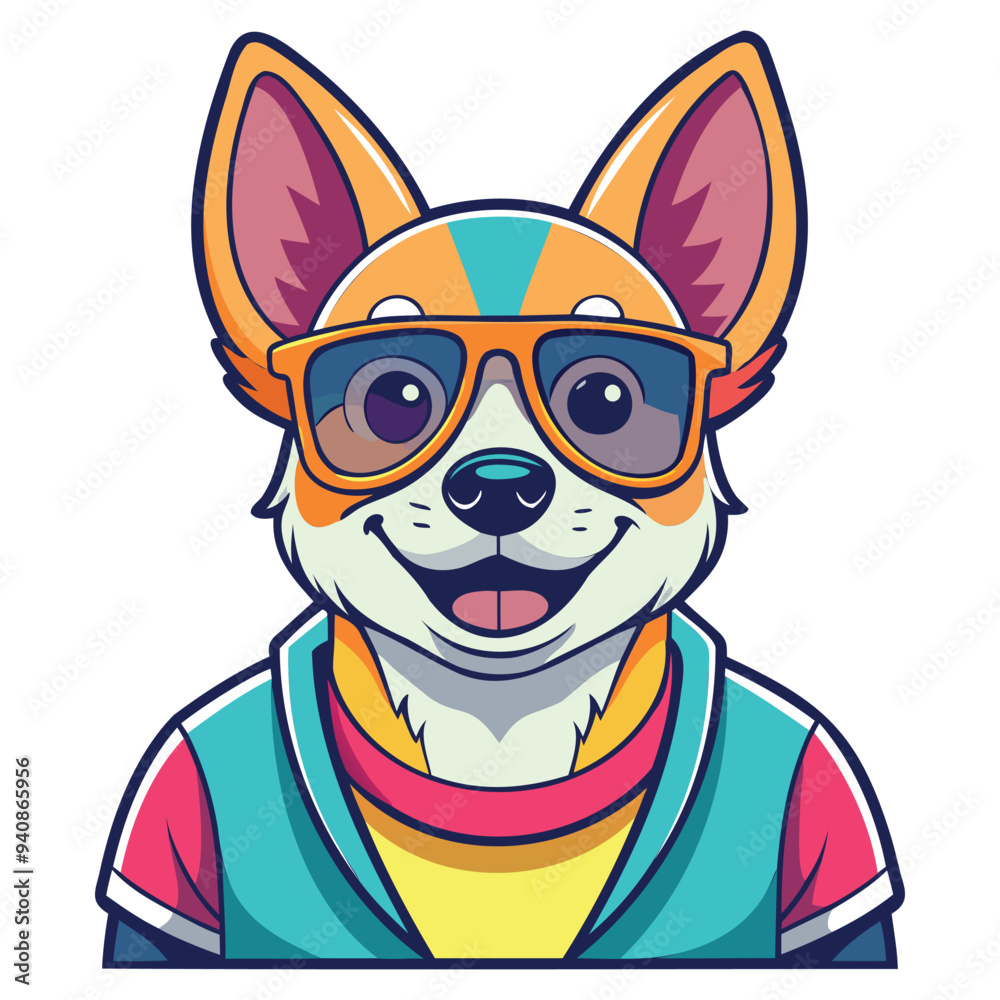 Vector graphic t-shirt Design of a cute happy dog with sunglass Isolated on a white background