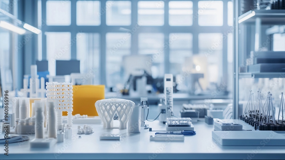 A well-lit workspace featuring various 3D printed prototypes, showcasing innovative designs, with ample copy space A well-lit workspace featuring various 3D printed prototypes, showcasing innovative designs, with ample copy space