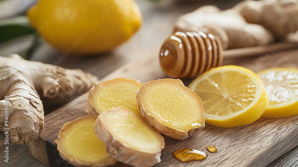 Sliced ginger, lemon and honey on a wooden board. Sliced ginger, lemon and honey on a wooden board.