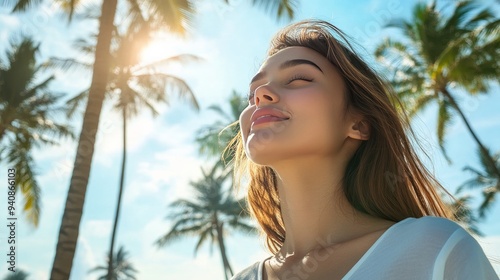 Beautiful young woman enjoying the fresh beach air against a backdrop of palm trees. Beautiful woman in white shirt lounging and taking pleasure in her tropical coast vacation. Idea for a travel vacat