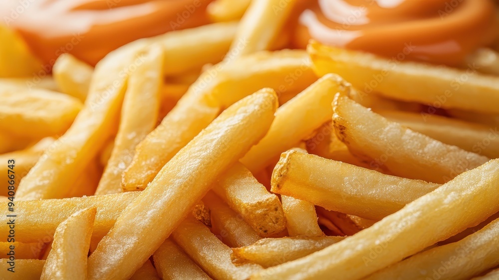 Close-up of French fries with various sauces, showcasing crispy texture and golden color. Close-up of French fries with various sauces, showcasing crispy texture and golden color.