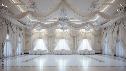 Classic Banquet Hall Interior Design with White Drapes and Crystal Chandeliers