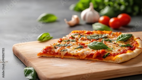 Slice of pizza being topped with rich tomato sauce, fresh basil, and garlic.