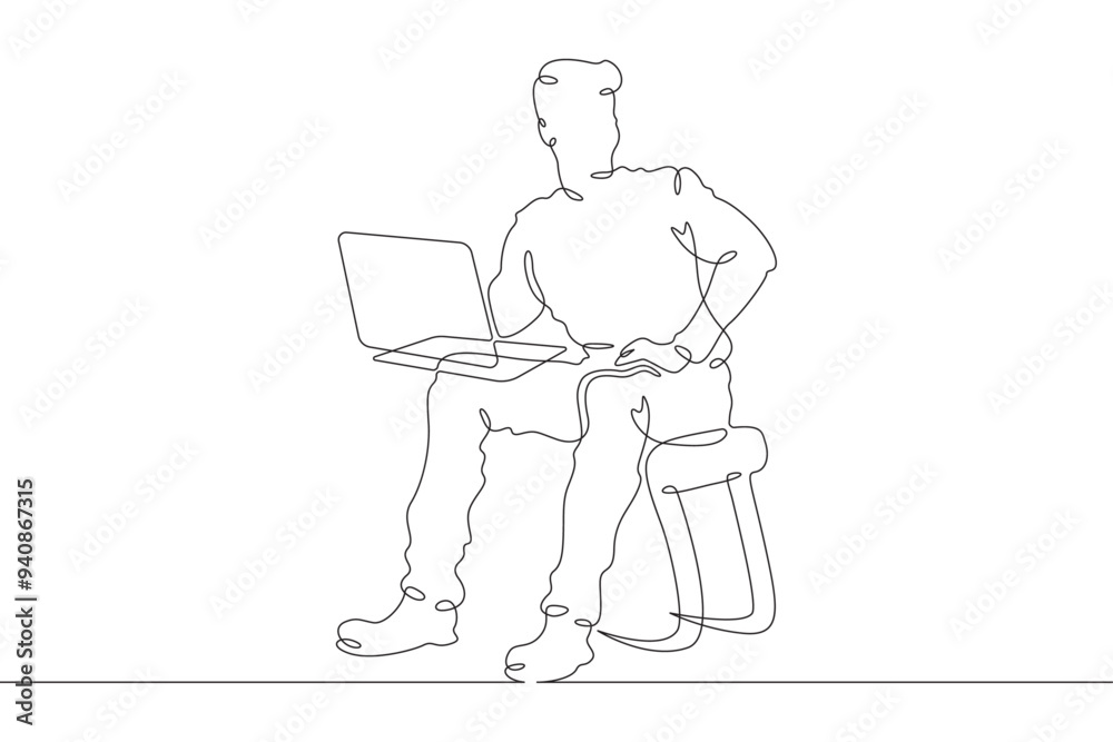 Continuous one line drawing man sitting with laptop. Programmer working at computer. Laptop on lap. Remote work. One continuous line isolated minimal illustration. Continuous one line drawing man sitting with laptop. Programmer working at computer. Laptop on lap. Remote work. One continuous line isolated minimal illustration.