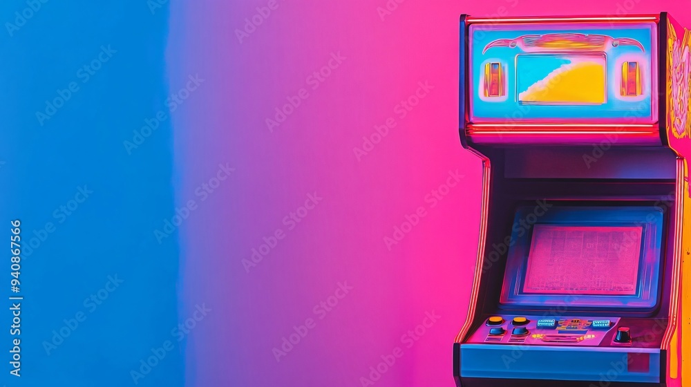 A close-up of a retro arcade game machine with vibrant colors and lights, set against a light solid color background A close-up of a retro arcade game machine with vibrant colors and lights, set against a light solid color background