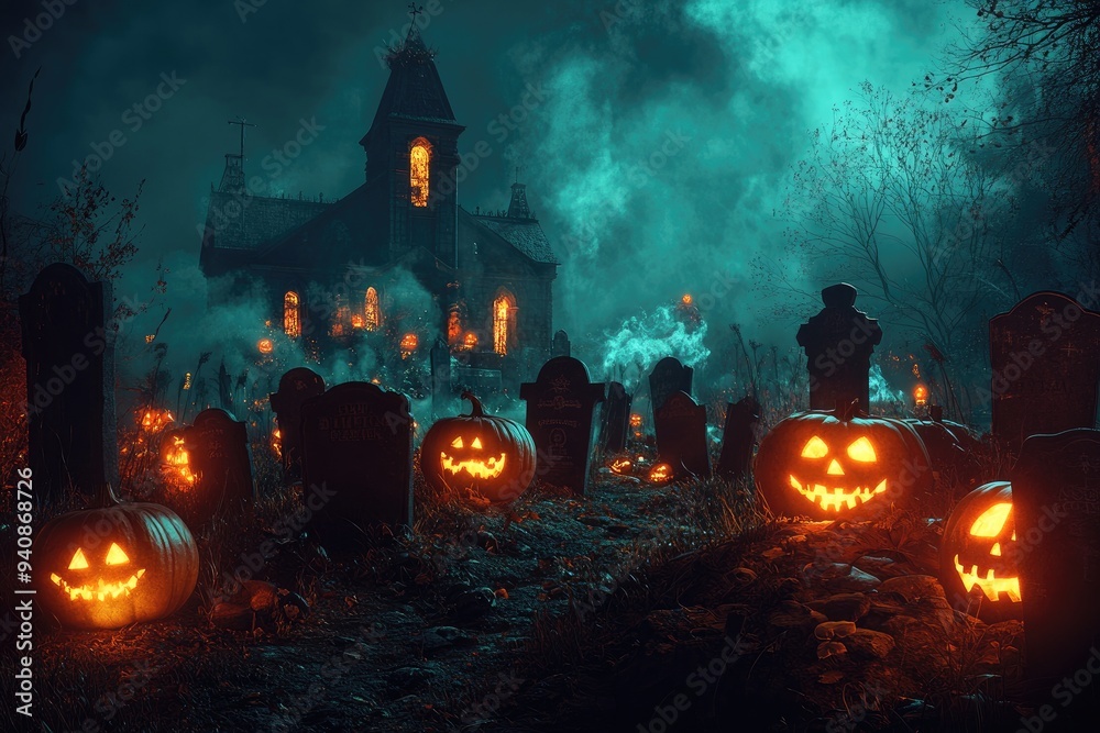 Haunted House with Jack-O-Lanterns in a Graveyard Haunted House with Jack-O-Lanterns in a Graveyard