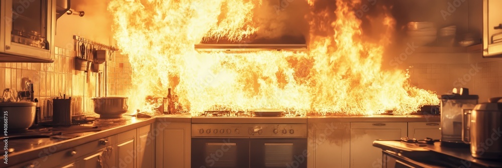 Obraz premium A kitchen engulfed in flames, depicting a dangerous fire hazard.