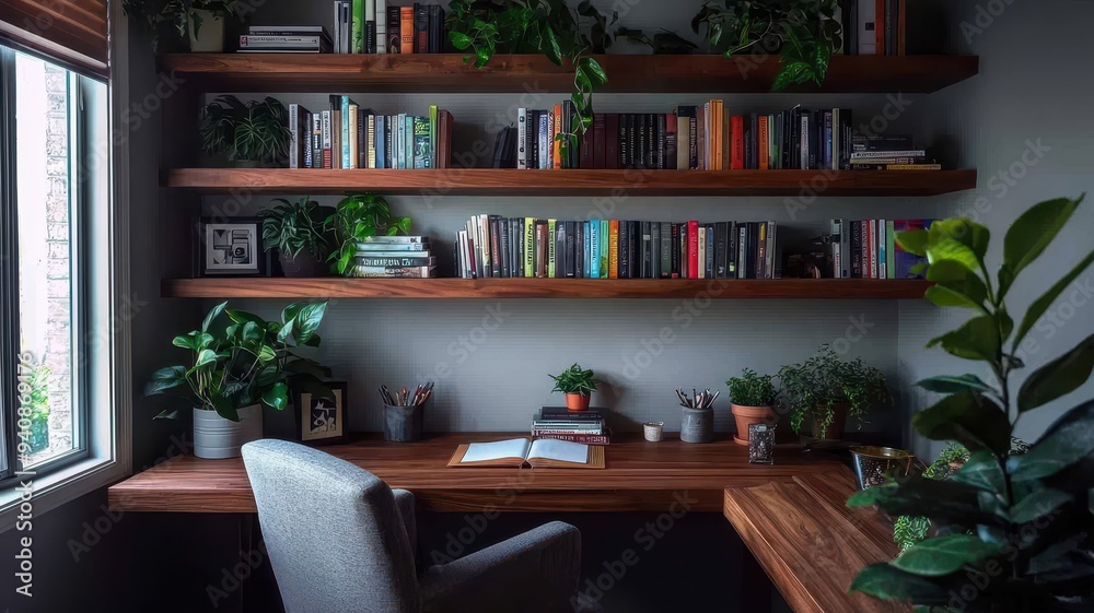 A serene home office showcasing wooden shelves filled with books and lush plants, ideal for productivity and relaxation. A serene home office showcasing wooden shelves filled with books and lush plants, ideal for productivity and relaxation.