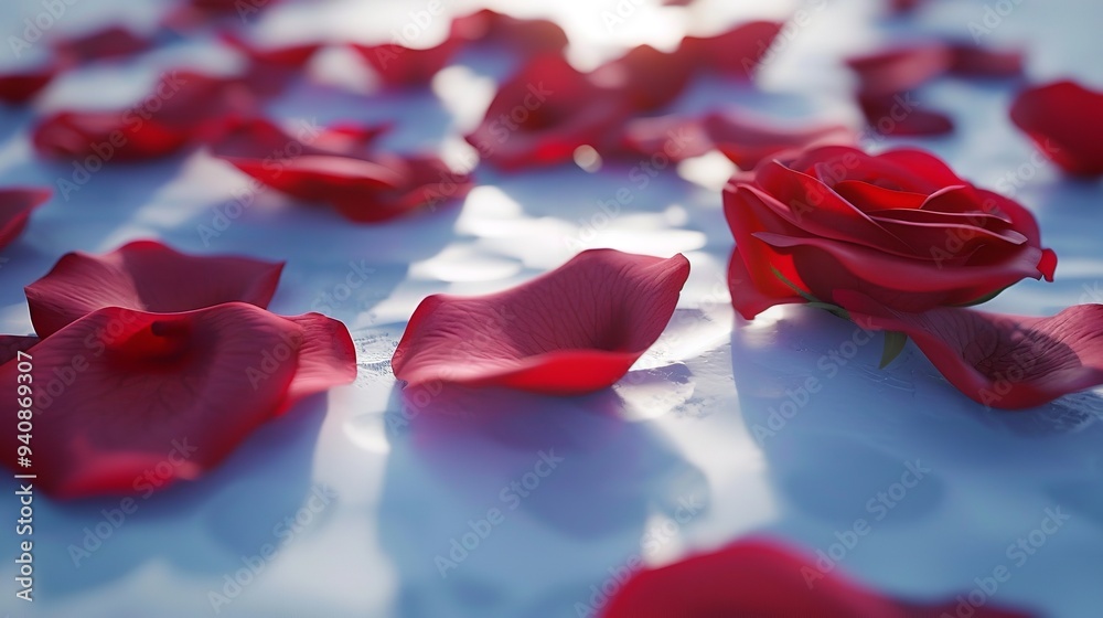 Minimalist Elegance of Red Rose Petals - Velvety Texture on White Background, Valentine's Day Concept