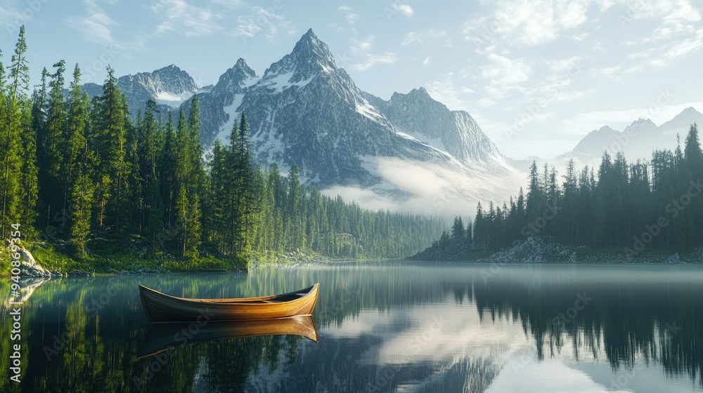 Breathtaking scenery of a boat on a reflective lake, surrounded by pristine forests and majestic mountains, no people present Breathtaking scenery of a boat on a reflective lake, surrounded by pristine forests and majestic mountains, no people present
