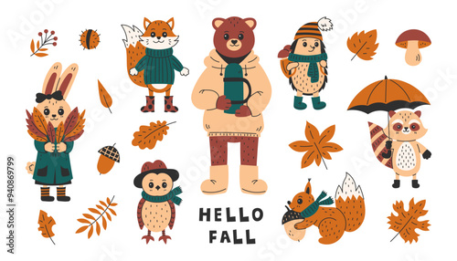 Fall Animals Wearing Clothes Vector Set. Hand drawn Forest Bear Hedgehog Fox Bunny Owl Raccoon Squirrel activity in knitted autumn outfits. Flat Illustration clipart
