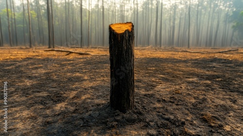 Devastating Effects of Deforestation: Barren Forest with Fallen Trees and Eroded Soil photo