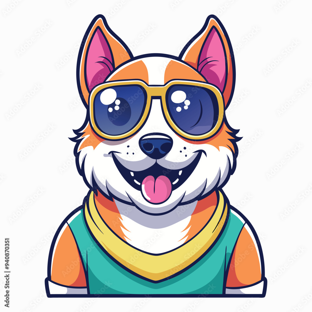 Vector graphic t-shirt Design of a cute happy dog with sunglass Isolated on a white background Vector graphic t-shirt Design of a cute happy dog with sunglass Isolated on a white background
