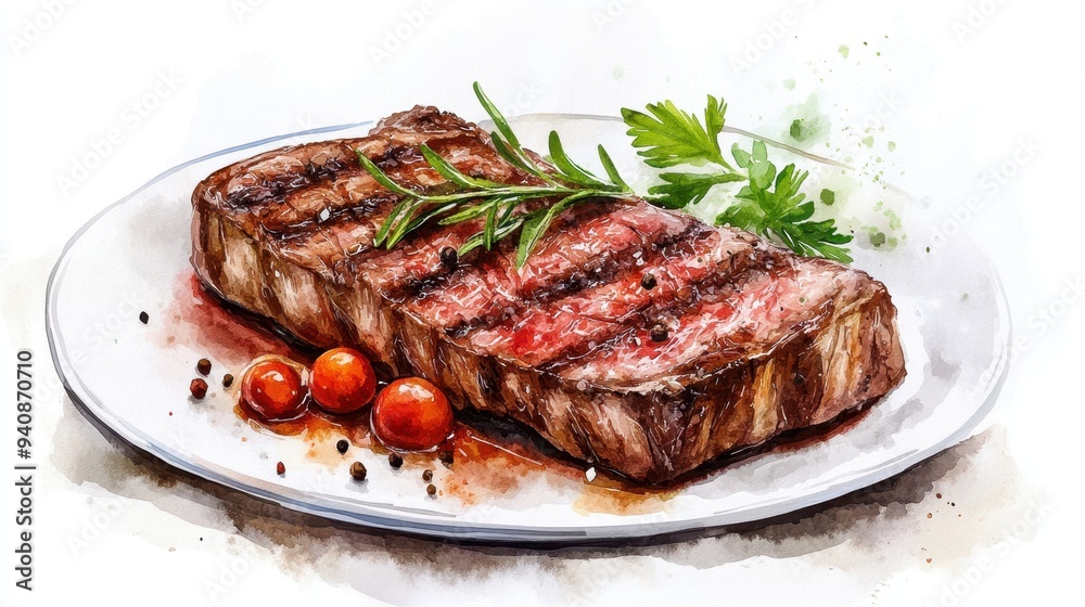 Watercolor of Delicious Grilled Beef Steak and red wine glass,Detailed Hand Drawn,Vector illustration,Freshly medium rare grilled beef steak, fried meat, close-up, isolated on white background. Watercolor of Delicious Grilled Beef Steak and red wine glass,Detailed Hand Drawn,Vector illustration,Freshly medium rare grilled beef steak, fried meat, close-up, isolated on white background.