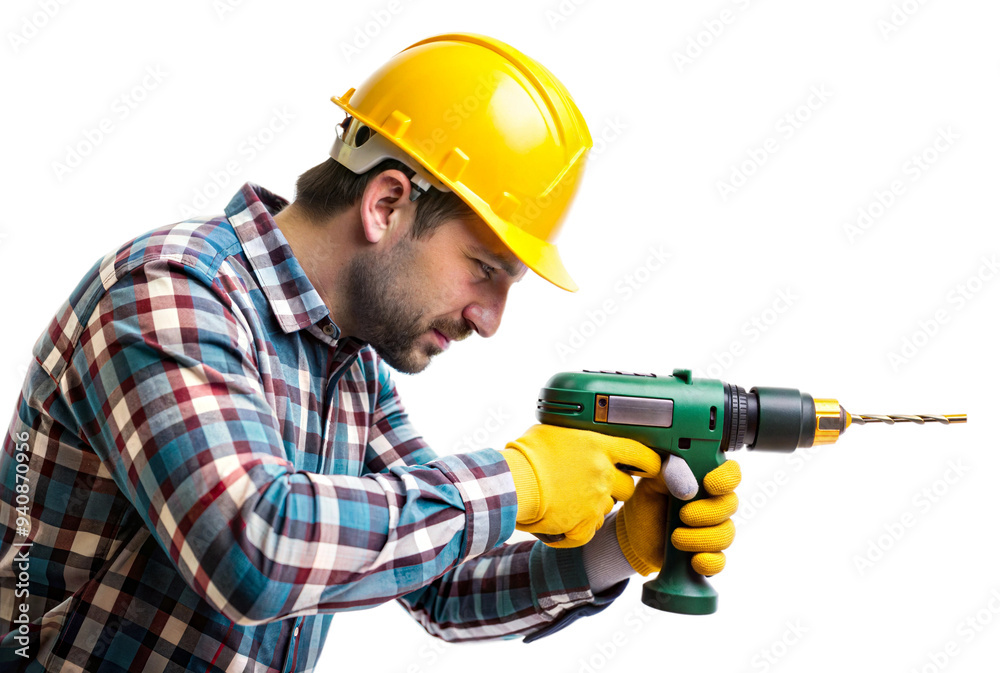 Worker using a drill for repairs isolated on transparent background Worker using a drill for repairs isolated on transparent background