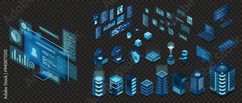 Set of isometric computer technology. Isometric set server equipment. Technology isometric icons. Digital technology items. Vector illustration