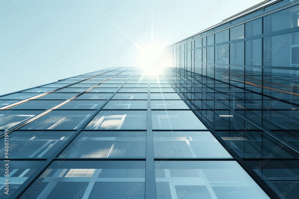 Tall glass building with sunlight shining through the windows, ideal for architectural or commercial use Tall glass building with sunlight shining through the windows, ideal for architectural or commercial use