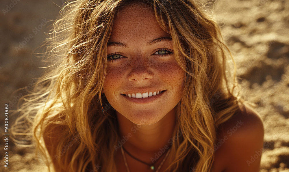 Smiling Young Woman on the Beach During Golden Hour: Close-Up with Long Curly Hair, Tanned Skin, and Freckles Smiling Young Woman on the Beach During Golden Hour: Close-Up with Long Curly Hair, Tanned Skin, and Freckles
