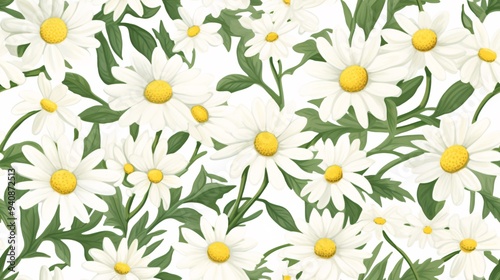 Delicate watercolor chamomile flowers with soft white petals and vibrant yellow centers, intertwined with fresh green leaves, forming a continuous, seamless vintage pattern against a subtle off-white