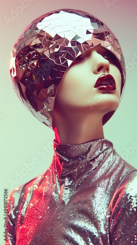 Futuristic and Avant Garde Mirrored Headdress Glamour Fashion Portrait photo