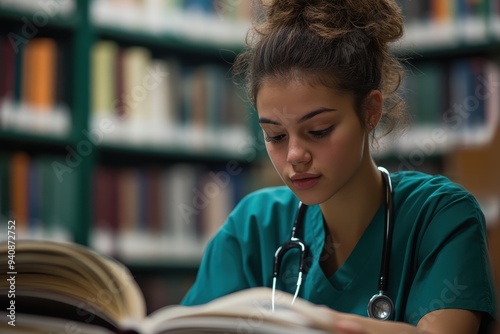 A college student studying health sciences in a library, symbolizing the future of healthcare professionals educated under the Affordable Care Act. photo