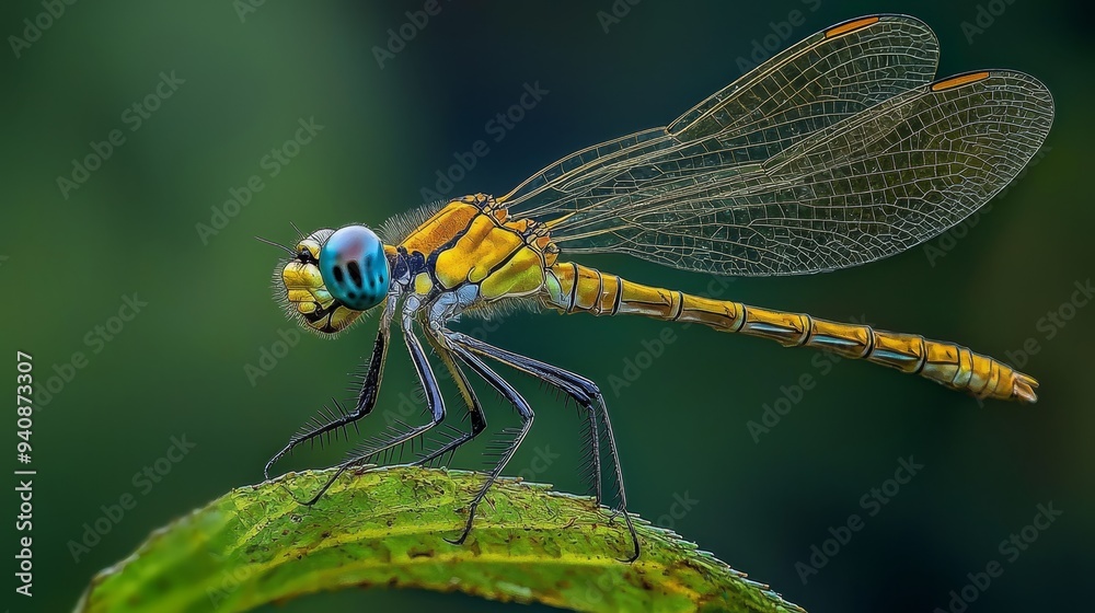 A tight shot of a dragonfly perched on a verdant leaf against a softly blurred background A tight shot of a dragonfly perched on a verdant leaf against a softly blurred background