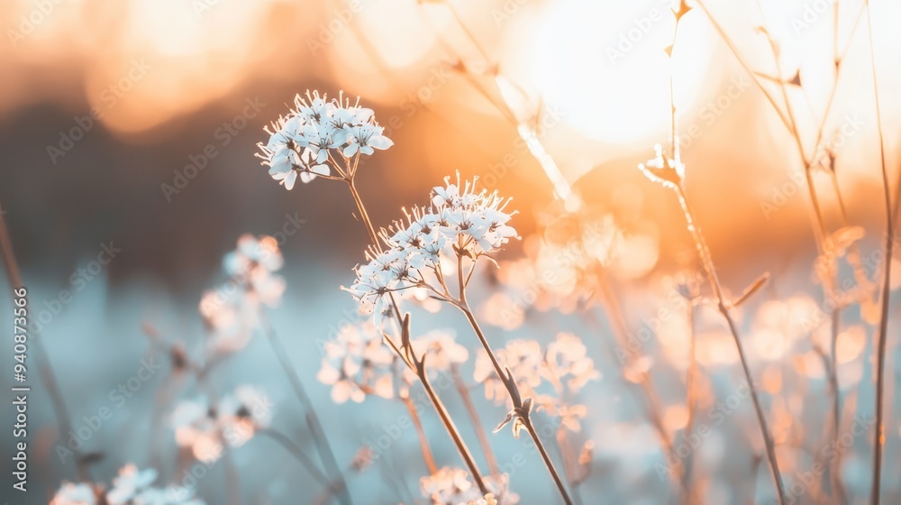 A tight shot of numerous flowers in a field, sun illuminating behind trees A tight shot of numerous flowers in a field, sun illuminating behind trees
